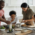 family cooking breakfast