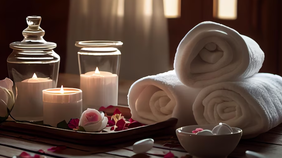 aromatherapy candles and towels