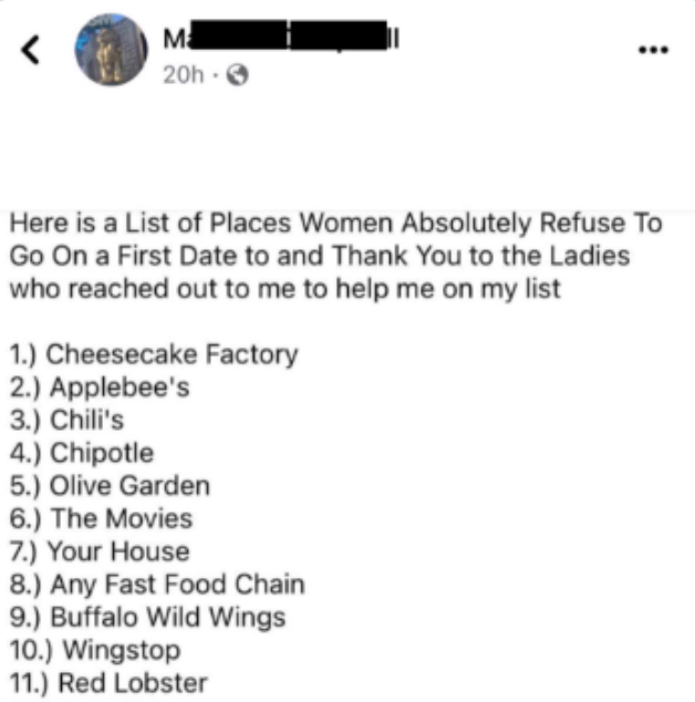 viral list of First Date Places Women Refuse