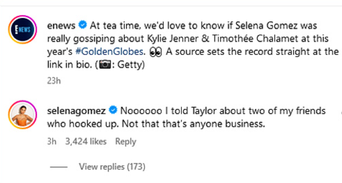 Selena Gomez Instagram comment
