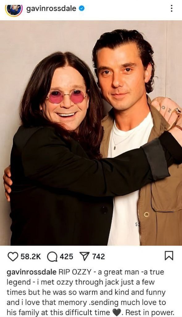 Gavin Rossdale Instagram post about Ozzy Osbourne death