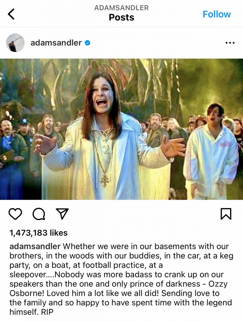 Adam Sandler tribute to Ozzy shared on Instagram with emotional photo from Little Nicky cameo.

