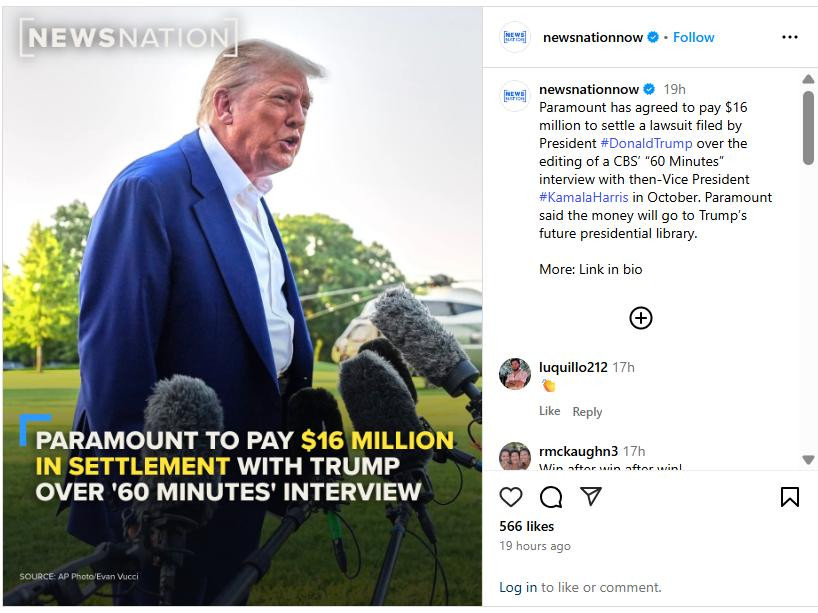 "Screenshot from the news about Paramount’s $16M settlement in Trump’s lawsuit over CBS interview editing.