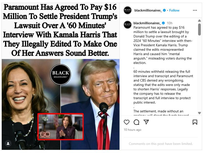 Screenshot from the Trump CBS lawsuit News