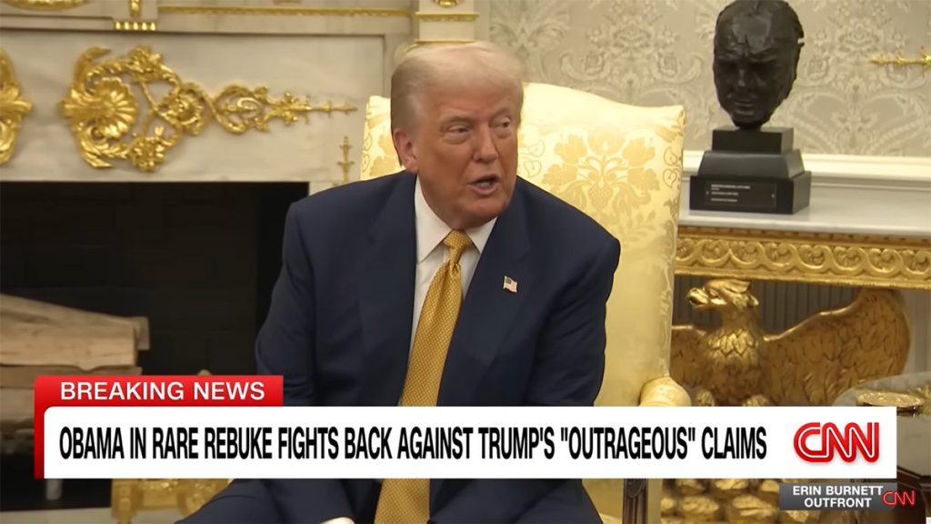 News image capturing moment tied to Obama statement on Trump treason claim.

