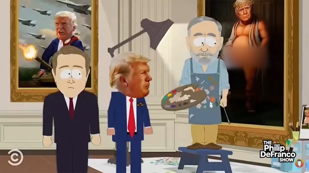 Scene from South Park Trump apology joke showing animated Trump walking nude through a desert in surreal fashion.


